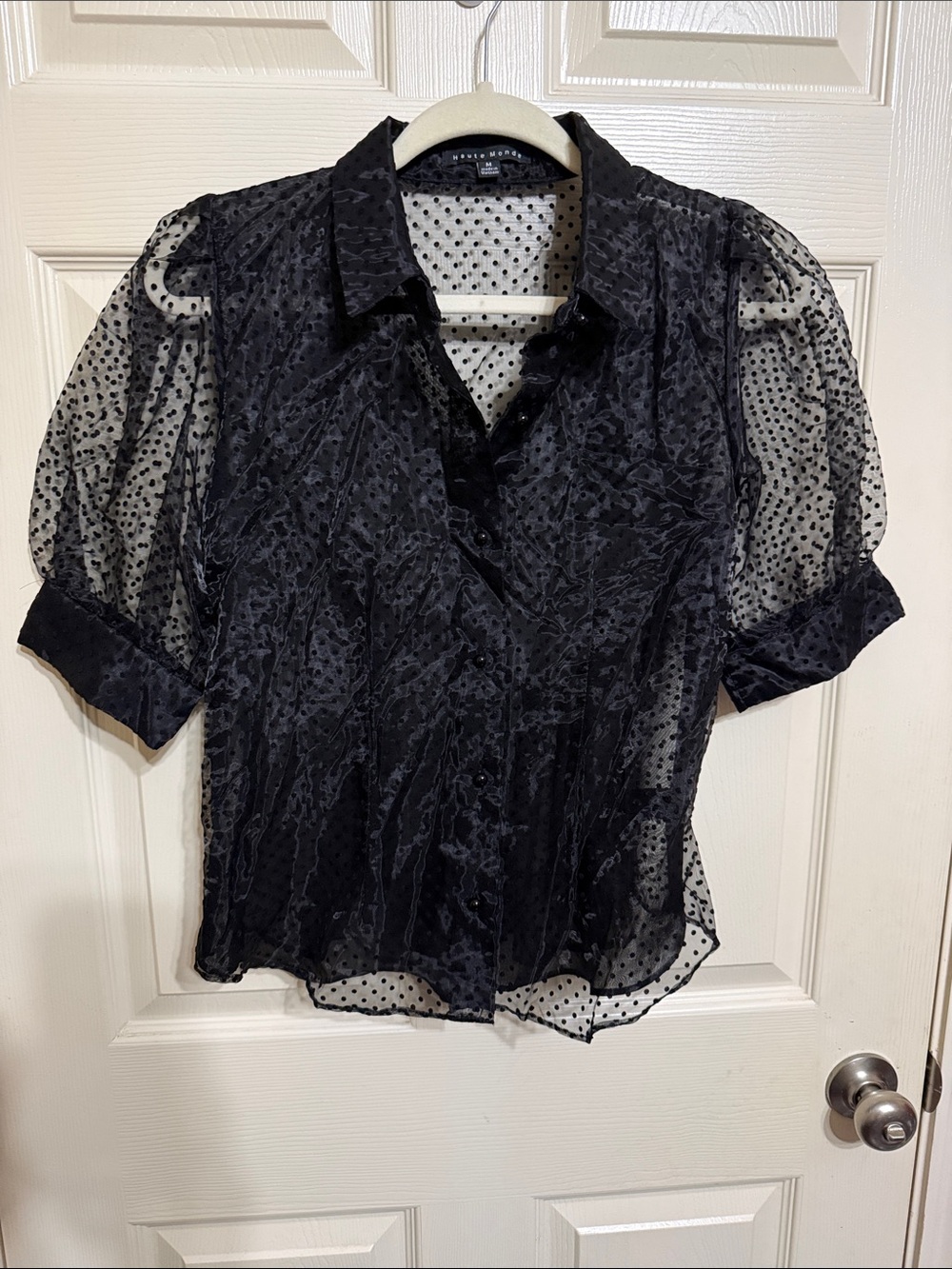Haute Monde Black Sheer Polka Dot Puff-Sleeve Blouse